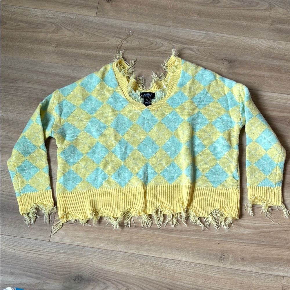 Yellow and Blue Argyle Frayed Sweater